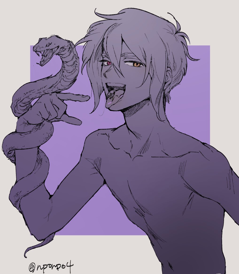 1boy index_finger_raised looking_at_viewer mahoutsukai_no_yakusoku male_focus nude owen_(mahoutsukai_no_yakusoku) red_eyes short_hair signature simple_background snake solo soumaa tongue tongue_out tongue_tattoo upper_body yellow_eyes