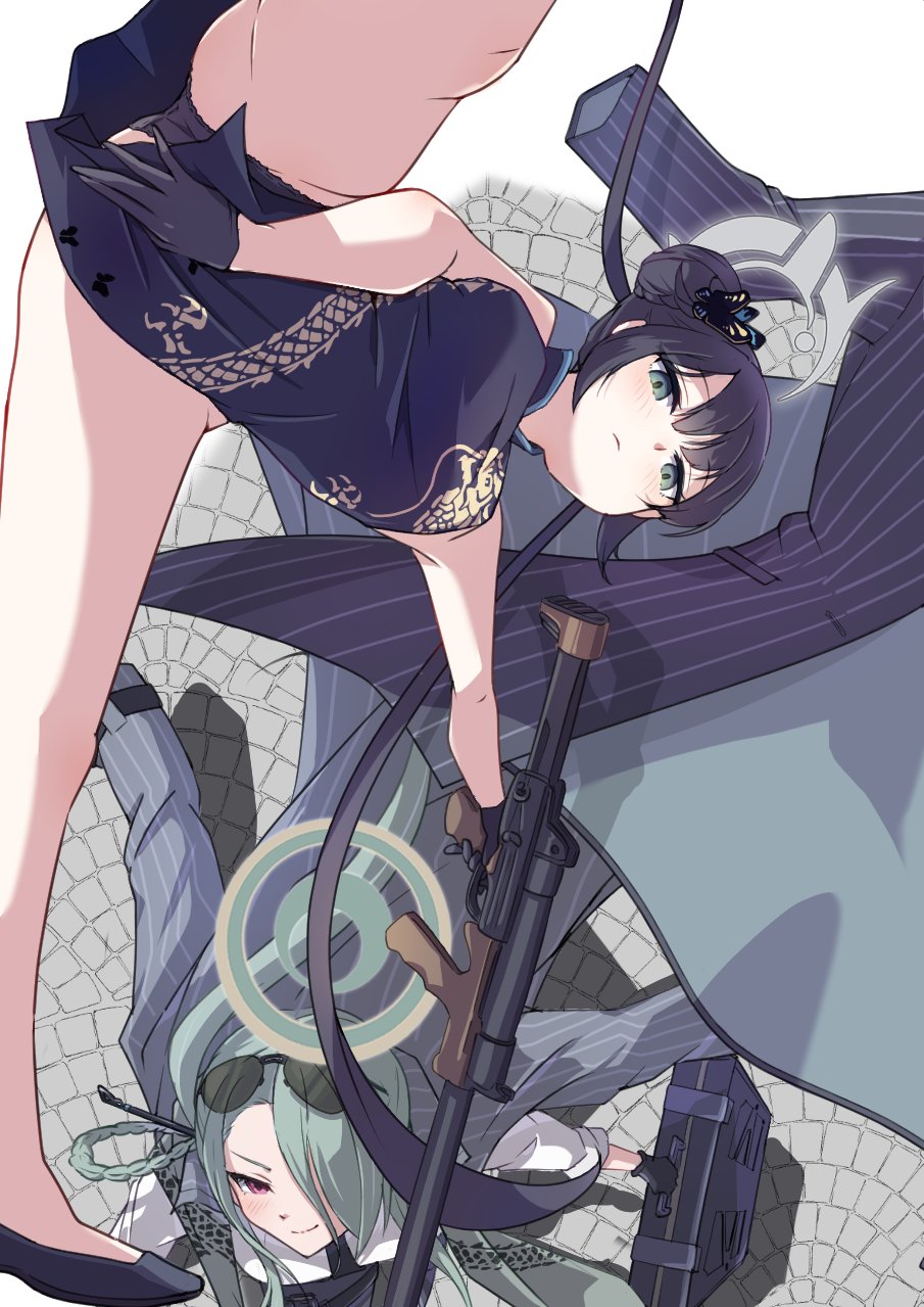 2girls black_dress black_gloves black_hair black_necktie black_panties blue_archive braid braided_bun breasts butterfly_hair_ornament china_dress chinese_clothes double_bun dragon_print dress eyewear_on_head gloves green_hair grey_eyes grey_halo hair_bun hair_ornament hair_over_one_eye halo highres kisaki_(blue_archive) long_hair looking_at_viewer mina_(blue_archive) mosuke1221 multiple_girls necktie panties print_dress red_eyes shirt sleeveless sleeveless_dress small_breasts smile sunglasses underwear white_shirt