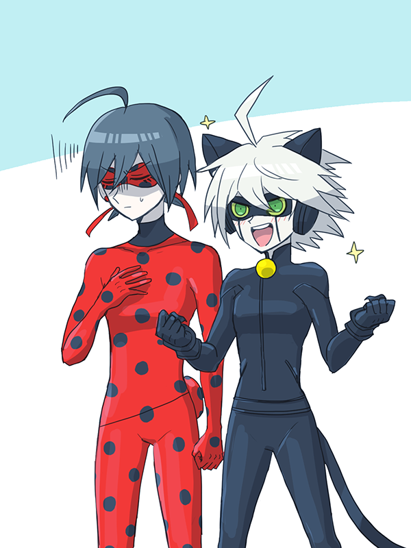 2boys ahoge alternate_eye_color animal_ears bell black_bodysuit black_gloves black_hair black_mask blue_background blush bodysuit cat_ears cat_tail chat_noir chat_noir_(cosplay) clenched_hand clenched_hands closed_eyes closed_mouth colored_sclera cosplay cowboy_shot danganronpa_(series) danganronpa_v3:_killing_harmony excited eye_mask fake_animal_ears fake_claws fake_tail gloves gohan_(8823cobalt) green_eyes hair_between_eyes headphones k1-b0 ladybug_(character) ladybug_(character)_(cosplay) light_frown looking_ahead male_focus miraculous_ladybug multiple_boys neck_bell open_mouth polka_dot_bodysuit polka_dot_mask red_bodysuit red_mask saihara_shuichi short_hair simple_background smile sparkle squiggle superhero_costume sweatdrop tail teeth turtleneck turtleneck_bodysuit two-tone_background upper_teeth_only v-shaped_eyebrows white_background white_hair yellow_sclera
