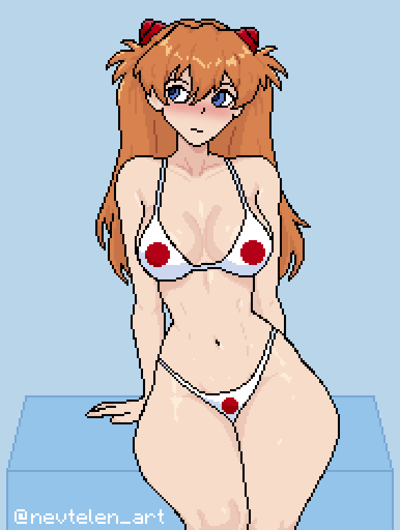 1girl :/ arm_support bikini blue_background blue_eyes blush box breasts cleavage collarbone cowboy_shot flag_print flag_print_bikini hair_ornament interface_headset_(evangelion) japanese_flag japanese_flag_bikini japanese_flag_print long_hair looking_to_the_side medium_breasts navel neon_genesis_evangelion nevtelen nose_blush on_box orange_hair pixel_art print_bikini simple_background sitting sitting_on_box solo souryuu_asuka_langley swimsuit twitter_username watermark