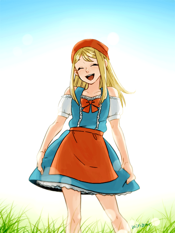 1girl apron bare_shoulders blonde_hair collarbone commentary_request dragon_quest dragon_quest_xi dramatica dress emma_(dq11) female_focus grass headscarf long_hair open_mouth puffy_short_sleeves puffy_sleeves short_sleeves smile solo straight_hair