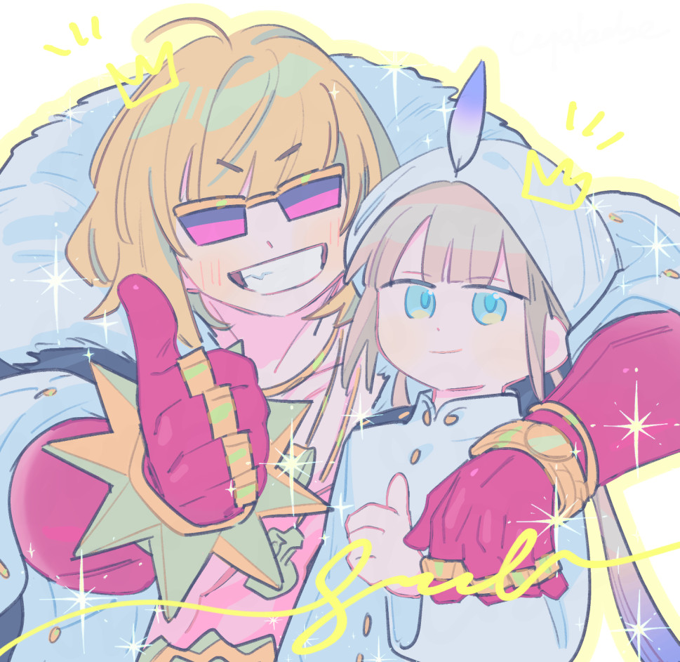 2boys androgynous aqua_eyes blonde_hair bracelet brown_hair captain_nemo_(fate) captain_nemo_(first_ascension)_(fate) commentary fate/grand_order fate_(series) grin jewelry light_blush long_hair looking_at_viewer male_focus multiple_boys multiple_rings nemo_(fate) oneroom-disco ring sakata_kintoki_(fate) sakata_kintoki_(third_ascension)_(fate) short_hair smile sunglasses symbol-only_commentary thumbs_up turban twintails