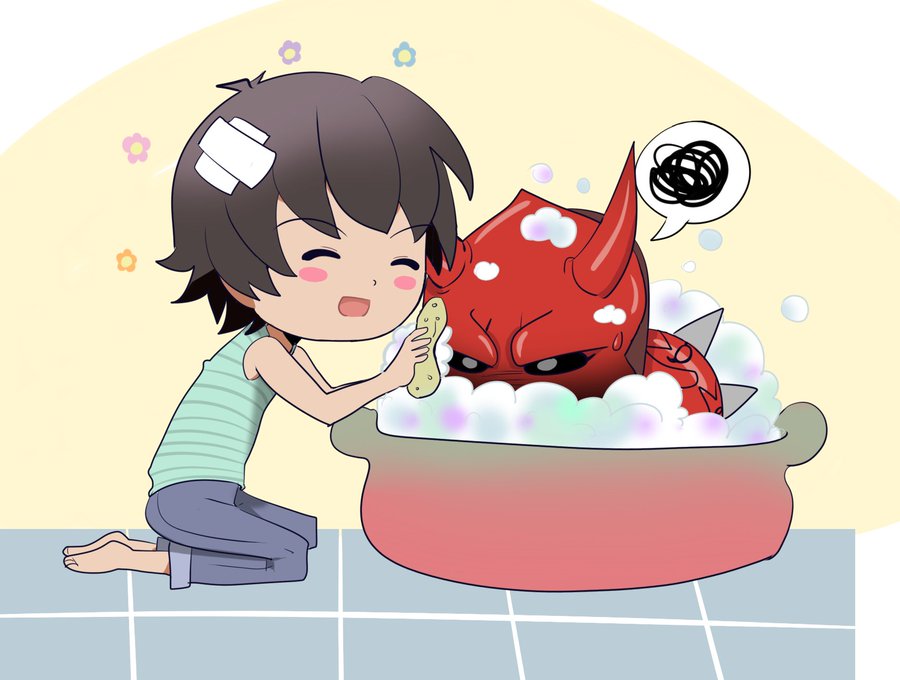 2boys angry annoyed armor bandaid basin bath bathing bathroom bipinkbunny blush bubble kamen_rider kamen_rider_den-o_(series) male_focus momotaros monster monster_boy multiple_boys nogami_ryoutarou oni red_armor smile sponge staring sweatdrop
