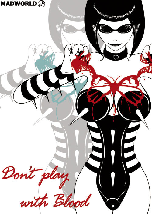 1girl blood breasts cleavage english_text female_focus glasses large_breasts lipstick madworld makeup mathilda_(madworld) monochrome nail_polish smile solo spot_color sunglasses white_background