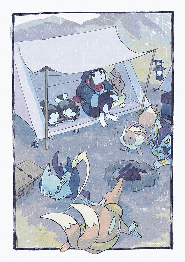 1girl akari_(pokemon) barefoot bird black_hair border brown_fur buneary dewott eevee floatzel gen_1_pokemon gen_4_pokemon gen_5_pokemon hair_ornament hairclip lantern long_hair luxio nintendo pantyhose pokemon pokemon_(creature) pokemon_legends:_arceus rain red_scarf sash scarf shoes sitting starly tent two-tone_fur unworn_shoes white_border yurano_(upao)