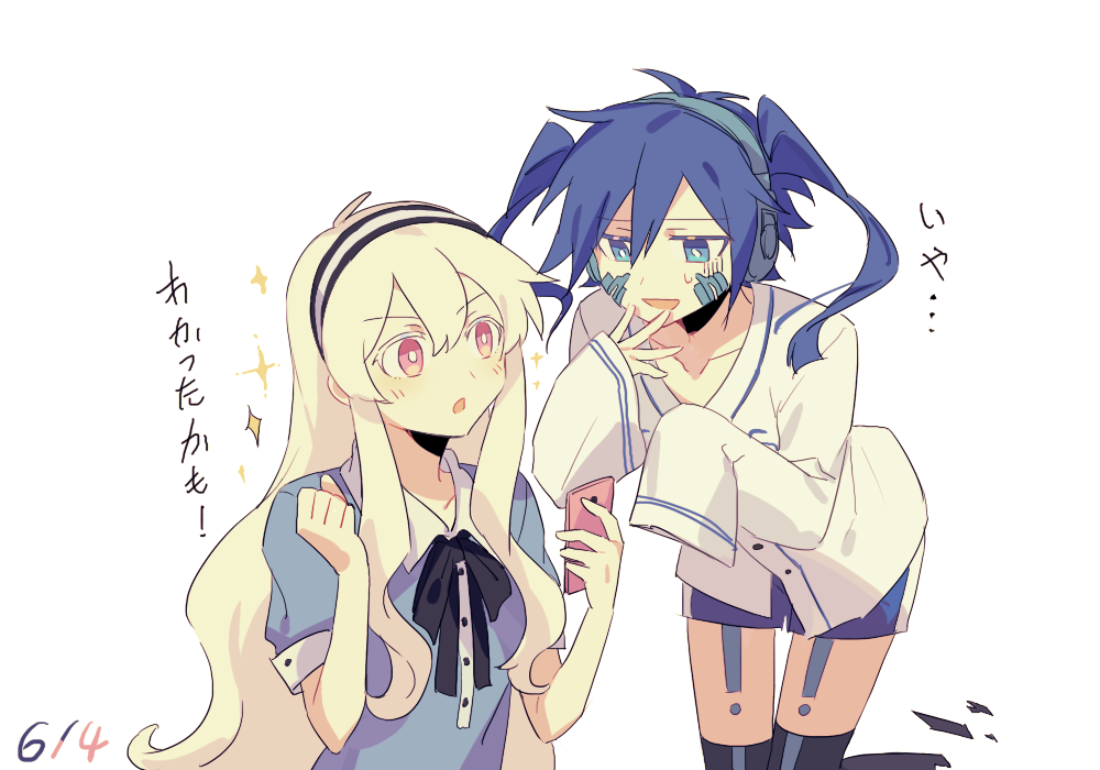 2girls aaniko bare_arms black_bow black_bowtie black_thighhighs blonde_hair blue_dress blue_eyes blue_hair blue_shorts bow bowtie bright_pupils buttons cellphone chinese_commentary clenched_hand collarbone collared_dress colored_eyelashes commentary_request cowboy_shot dated dress ene_(kagerou_project) expressionless furrowed_brow hair_between_eyes hairband hand_on_own_chin headphones holding holding_phone kagerou_project kozakura_marry leaning_forward leg_up long_hair long_sidelocks messy_hair multiple_girls phone pink_eyes puffy_short_sleeves puffy_sleeves shards shirt short_sleeves shorts sidelocks simple_background sleeves_past_fingers sleeves_past_wrists smartphone sparkle thighhighs translation_request twintails upper_body very_long_hair wavy_hair white_background white_hairband white_pupils white_shirt