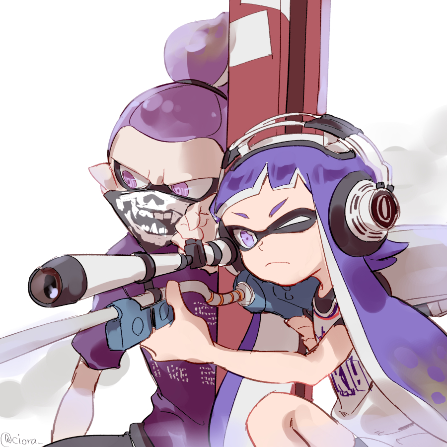 1boy 1girl @_@ bandana bandana_over_mouth basketball_jersey blue_eyes blue_hair blunt_bangs carbon_roller_(splatoon) closed_mouth e-liter_3k_(splatoon) headphone-chan_(splatoon) headphones holding holding_weapon inkling inkling_boy inkling_girl inkling_player_character light_frown long_hair looking_to_the_side mask nintendo one_eye_closed purple_eyes purple_hair purple_shirt scope scrunchie serizawa_nae shirt short_hair short_sleeves skull-kun_(splatoon) splatoon_(manga) splatoon_(series) t-shirt tentacle_hair topknot twitter_username upper_body weapon white_shirt