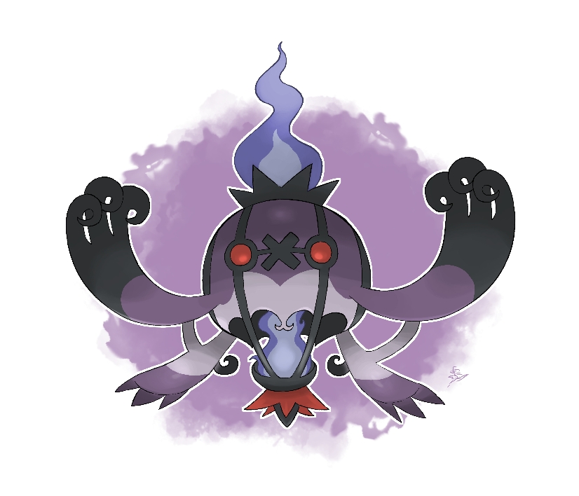 animal_focus arms_up artist_name blank_eyes chandelure drifblim fire floating full_body fusion gen_4_pokemon gen_5_pokemon looking_at_viewer nintendo no_humans outline pokemon pokemon_(creature) purple_background purple_fire red_eyes s_(esumi_kihomaru) signature solo straight-on white_outline
