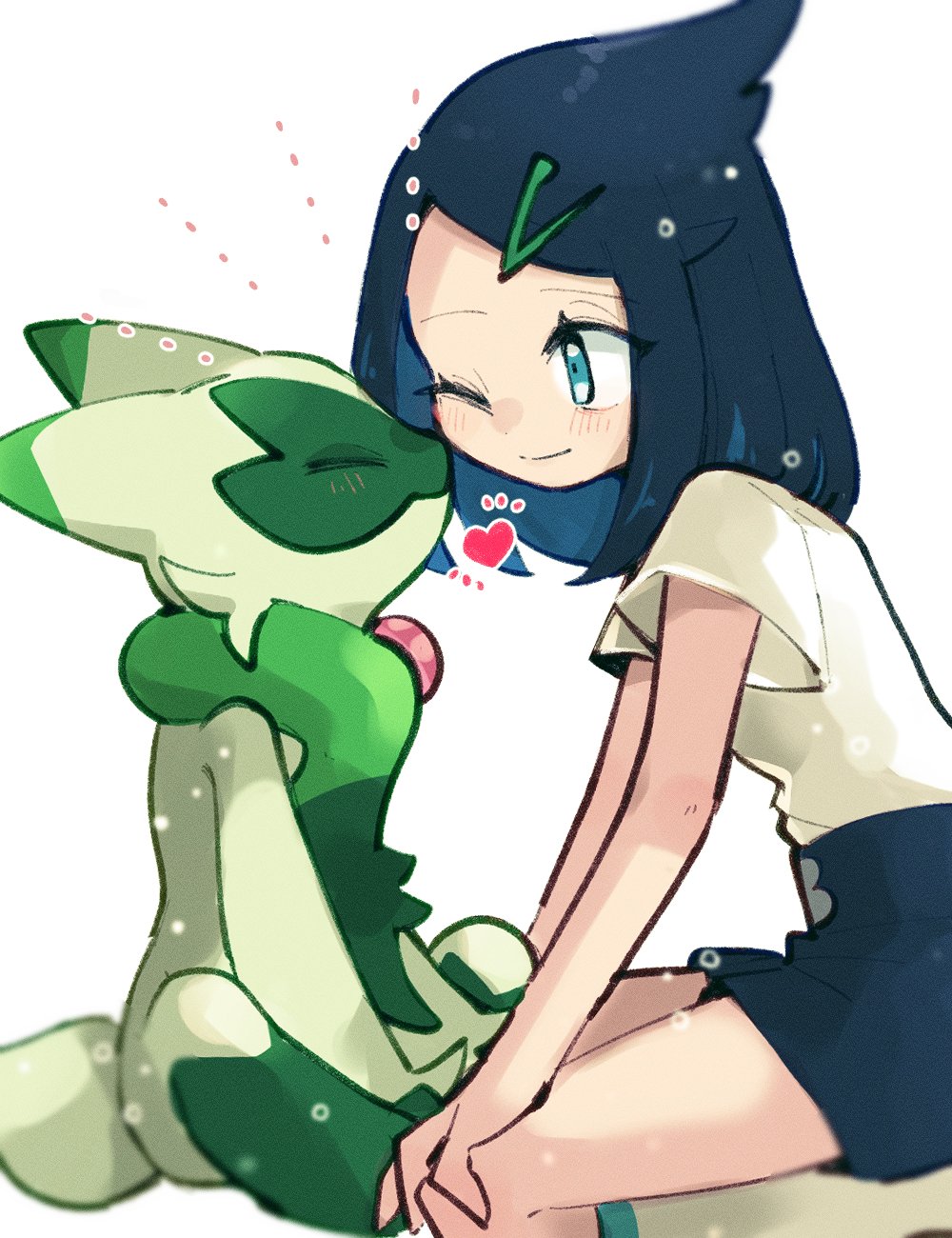 1girl bare_arms black_hair black_shorts blue_eyes blush closed_mouth commentary face-to-face floragato from_side hands_on_own_knees heart highres liko_(pokemon) looking_at_another medium_hair nintendo one_eye_closed pokemon pokemon_(anime) pokemon_(creature) pokemon_horizons shirt short_sleeves shorts simple_background sitting smile socks sstoh swept_bangs white_background white_shirt white_socks