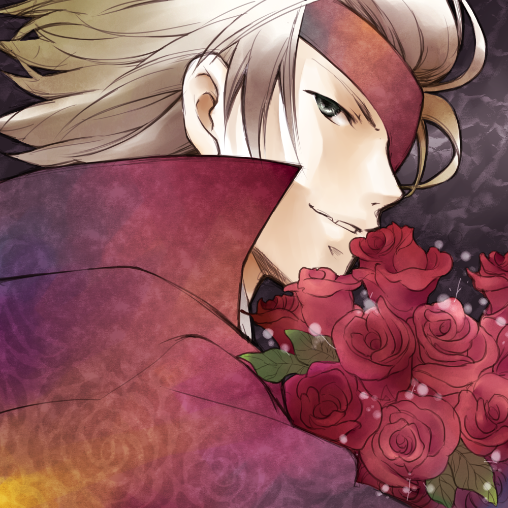 1boy black_eyes bouquet chousokabe_motochika_(sengoku_basara) eyepatch fang flower from_side grey_background grin hattori_min looking_at_viewer male_focus portrait red_flower red_rose rose sengoku_basara smile solo white_hair