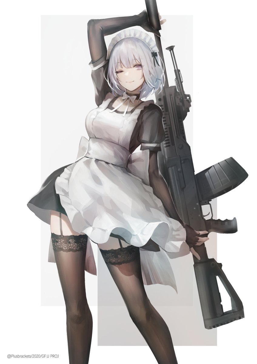 +)_(liu997139467) 1girl alternate_costume apron back_bow bow commentary_request dress drum_magazine elbow_gloves extended_barrel feet_out_of_frame fingerless_gloves frilled_apron frills girls&#039;_frontline gloves grey_background gun highres light_machine_gun machine_gun magazine_(weapon) maid maid_apron maid_headdress one_eye_closed puffy_sleeves purple_eyes rpk rpk-16 rpk-16_(girls&#039;_frontline) short_hair silver_hair smile solo suppressor thighhighs weapon white_background
