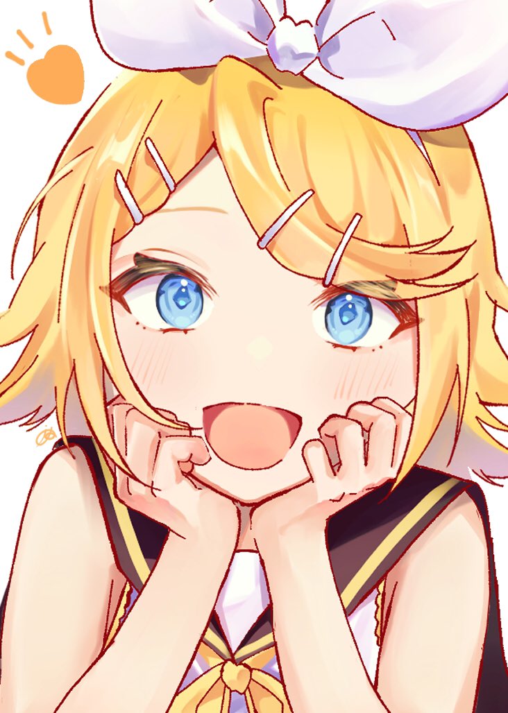 1girl bare_shoulders blonde_hair blue_eyes bow hair_bow hair_ornament hairclip hands_on_own_cheeks hands_on_own_face hands_up heart inubangarou kagamine_rin light_blush looking_at_viewer medium_hair neckerchief open_mouth portrait sailor_collar simple_background smile solo swept_bangs upper_body vocaloid white_background yellow_neckerchief