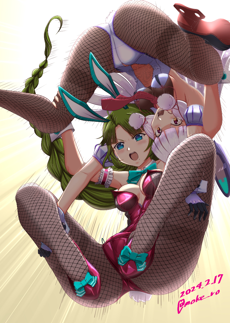 2girls adapted_costume aqua_bow aqua_bowtie black_pantyhose blue_eyes bow bowtie braid breasts dated fishnet_pantyhose fishnets green_hair hair_ribbon headgear high_heels kantai_collection kinniku_buster large_breasts leotard long_hair moke_ro mole mole_under_mouth multiple_girls murakumo_(kancolle) open_mouth orange_eyes pain pantyhose pink_leotard playboy_bunny ribbon single_braid submission_hold tress_ribbon twitter_username very_long_hair white_leotard wrestling yellow_background yuugumo_(kancolle)