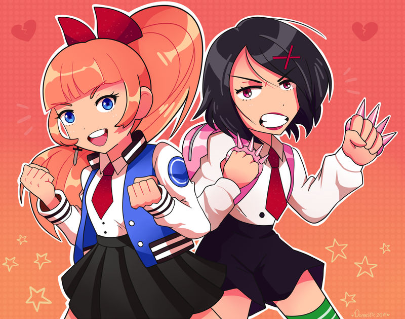 2girls back black_hair blue_eyes bow domestic_maid jacket kunio-kun_series kyoko_(kunio-kun) long_hair long_sleeves misako_(kunio-kun) multiple_girls necktie orange_hair red_bow river_city_girls school_uniform short_hair shorts skirt teeth upper_teeth_only