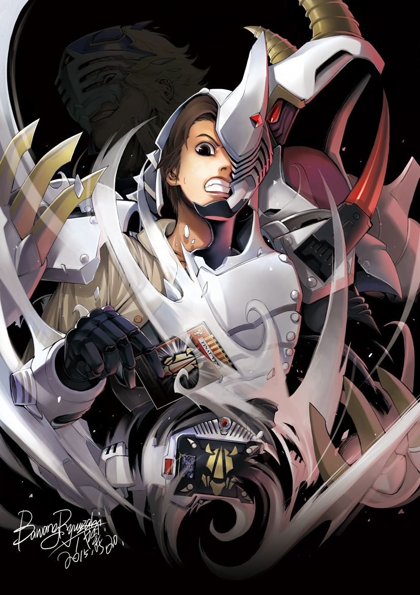 2boys armor asakura_takeshi bawang-ryuuzaki blonde_hair broken_armor card claws clenched_teeth contract_monster dark_background evil_smile holding holding_card kamen_rider kamen_rider_gai kamen_rider_ouja kamen_rider_ryuki_(series) looking_down metalgelas multiple_boys shibaura_jun smile teeth tokusatsu v_buckle