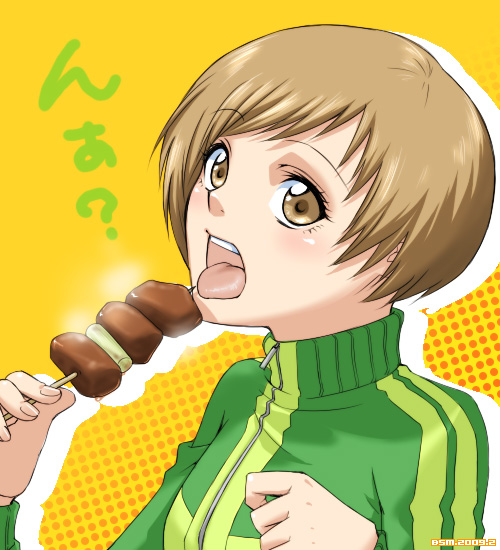 1girl atlus bad_id bad_pixiv_id brown_eyes brown_hair female_focus food jacket kuroko open_mouth persona persona_4 satonaka_chie shish_kebab short_hair solo tongue track_jacket