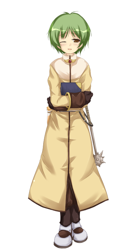 1boy acolyte_(ragnarok_online) armored_boots blush book boots brown_eyes brown_gloves brown_pants cassock crossed_arms frown full_body gloves green_hair holding holding_book large_variant_set long_sleeves looking_at_viewer mace male_focus official_art one_eye_closed open_mouth pants ragnarok:_guild_masters ragnarok_online short_hair simple_background solo spiked_mace spikes standing transparent_background variant_set weapon yumesato_makura