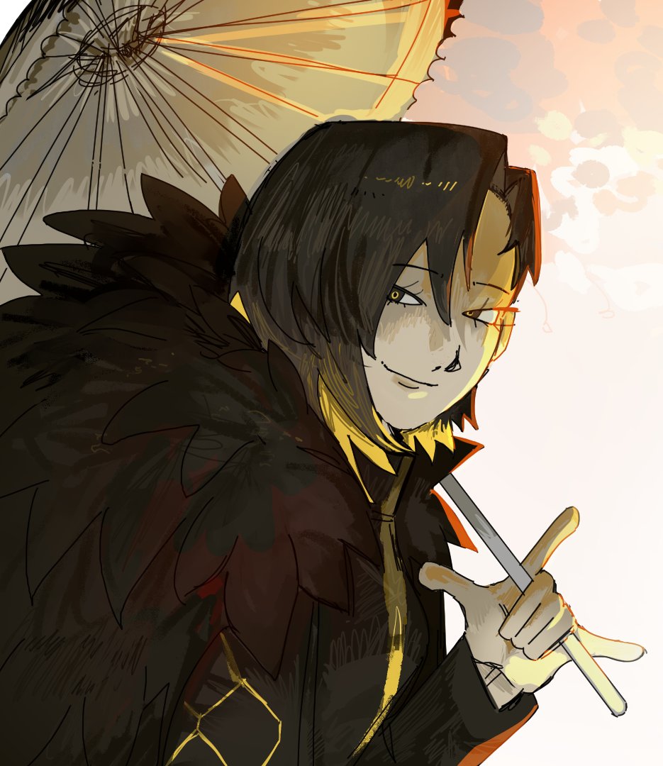 1girl binah_(project_moon) black_coat black_dress black_eyes black_hair blonde_hair coat colored_inner_hair dress fur-trimmed_coat fur_trim holding holding_umbrella library_of_ruina limbus_company lobotomy_corporation long_sleeves looking_at_viewer mole mole_under_eye multicolored_hair project_moon rugwurm short_hair simple_background smile solo standing umbrella upper_body white_background