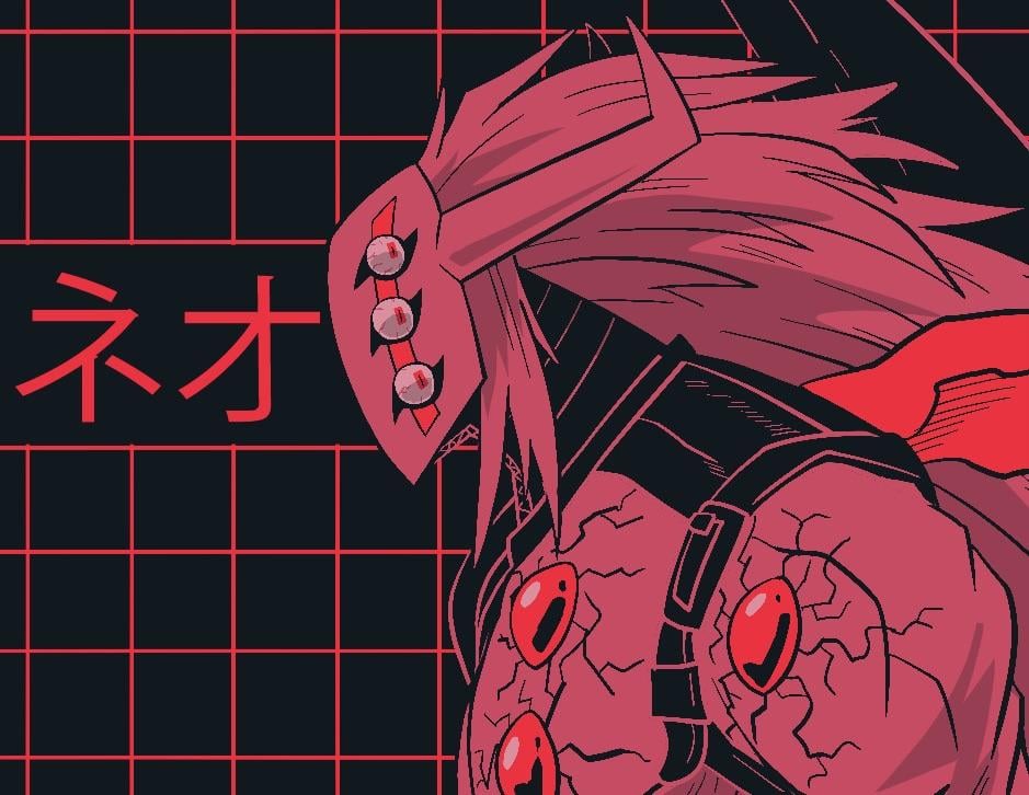 1boy digimon digimon_(creature) looking_at_viewer male_focus mask neodevimon red_eyes solo