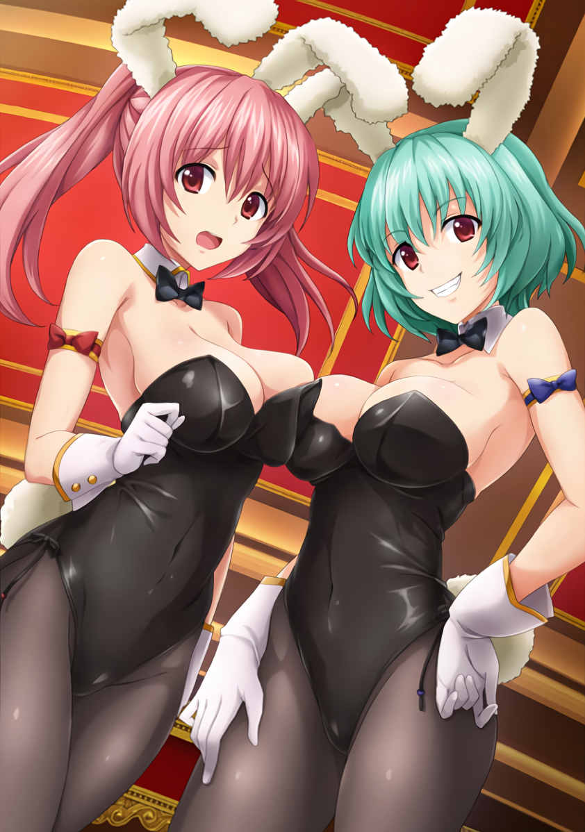07th_expansion animal_ears aqua_hair armband bow bowtie breast_press breasts chiester410 chiester45 chiester_sisters cleavage fake_animal_ears gloves large_breasts looking_at_viewer navel pantyhose pink_hair playboy_bunny rabbit_ears rabbit_tail red_eyes short_hair smile tail twintails umineko_no_naku_koro_ni white_gloves