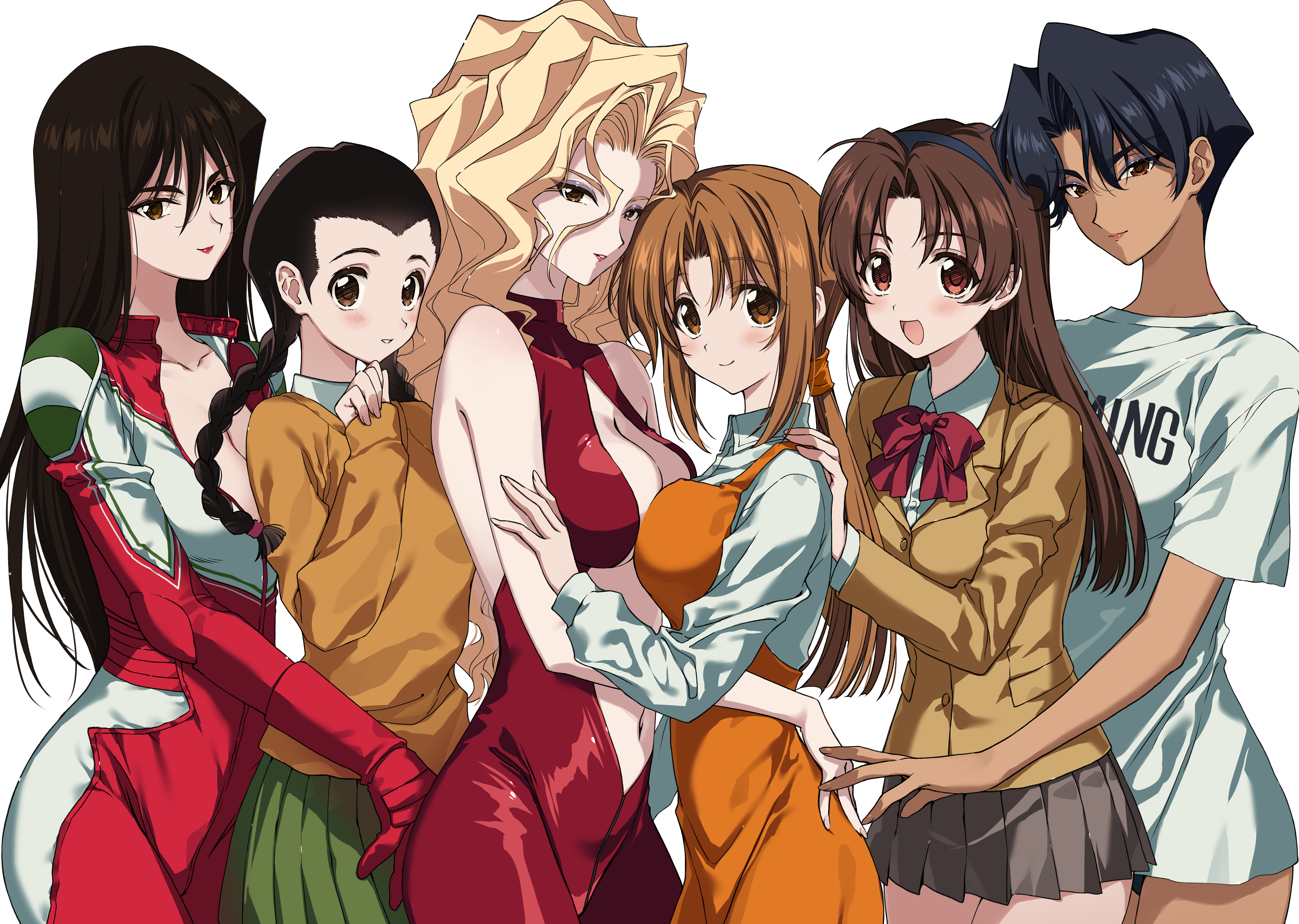 6+girls :d absurdres apron biker_clothes black_hair blonde_hair bodysuit breasts brown_eyes brown_hair chie_(golden_boy) commentary_request everyone golden_boy hair_between_eyes hayami_ayuko highres katsuda_naoko long_hair looking_at_viewer medium_breasts multiple_girls navel nikyuppa noriko_(golden_boy) onna_shachou open_mouth school_uniform shirt short_hair smile swimsuit swimsuit_under_clothes terayama_reiko white_shirt