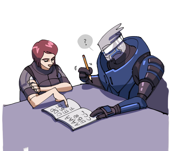? alphabet commander_shepard commander_shepard_(female) confused garrus_vakarian innerman-k mass_effect_(series) notebook pencil speech_bubble tumblr turian white_background