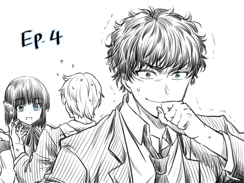1girl 2boys black_hair black_neckwear blue_eyes collared_shirt formal_clothes fuwa_isamu hand_to_own_mouth hiden_aruto hood hoodie humagear_headphones is_(kamen_rider_01) kamen_rider kamen_rider_01_(series) kudou_makoto multiple_boys necktie open_hand open_mouth shirt short_hair spot_color suit trembling