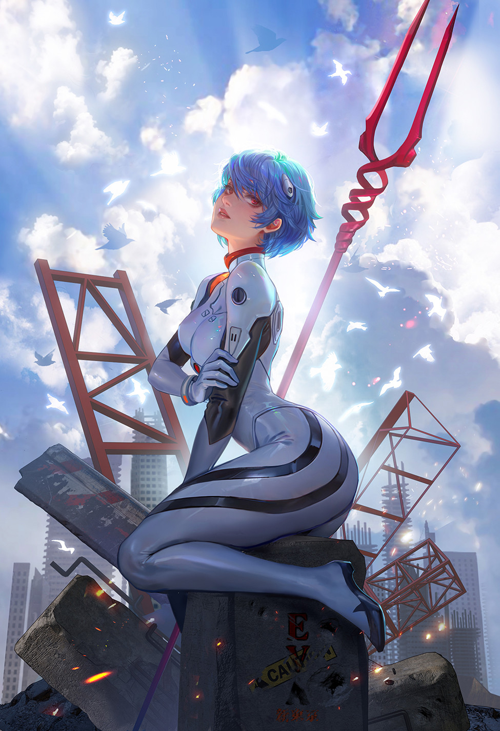 1girl ass ayanami_rei bident bird blue_hair bodysuit breasts cloud cloudy_sky commentary day english_commentary fan_yang_(jiuge) from_side hand_on_own_arm highres interface_headset_(evangelion) lance_of_longinus_(evangelion) looking_at_viewer mecha_pilot_suit medium_breasts neon_genesis_evangelion parted_lips plugsuit_(evangelion) polearm red_eyes short_hair sideways_glance sky solo weapon white_bodysuit
