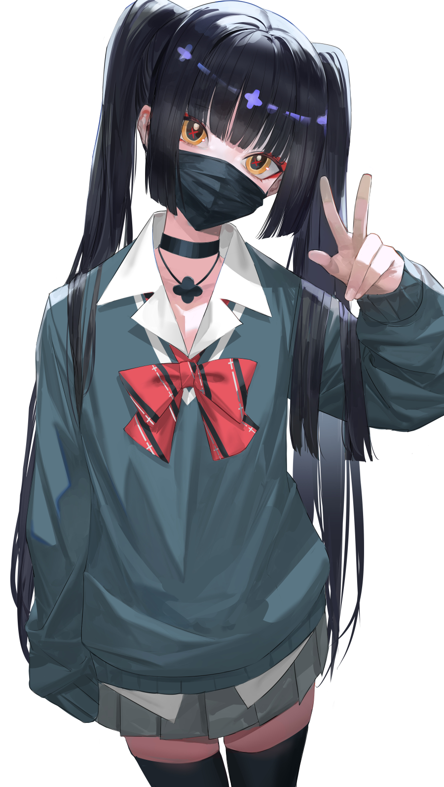 1girl black_choker black_hair black_mask blazpu choker collared_shirt green_sweater highres jewelry long_hair long_sleeves looking_at_viewer mask mouth_mask necklace original ribbon school_uniform shirt simple_background skirt solo sweater thighhighs twintails v very_long_hair white_background yellow_eyes zettai_ryouiki