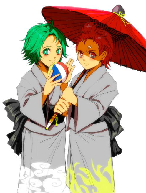 2boys aged_down ball bandaid bandaid_on_face brothers fire_emblem fire_emblem_fates green_eyes green_hair holding holding_ball holding_umbrella japanese_clothes kaze_(fire_emblem) male_focus multiple_boys nintendo red_eyes red_hair saizo_(fire_emblem) siblings tsuko_(25mnts) twins umbrella