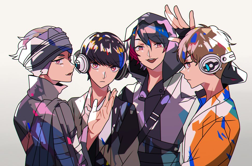 4boys android astronaut black_hair black_shirt blonde_hair brown_hair headphones hito01 hood horobi_(kamen_rider_01) humagear_headphones ikazuchi_(kamen_rider_01) jacket jin_(kamen_rider_01) jumpsuit kamen_rider kamen_rider_01_(series) looking_at_viewer male_focus multiple_boys naki_(kamen_rider_01) necktie open_mouth orange_jumpsuit red_eyes shirt short_hair simple_background smile