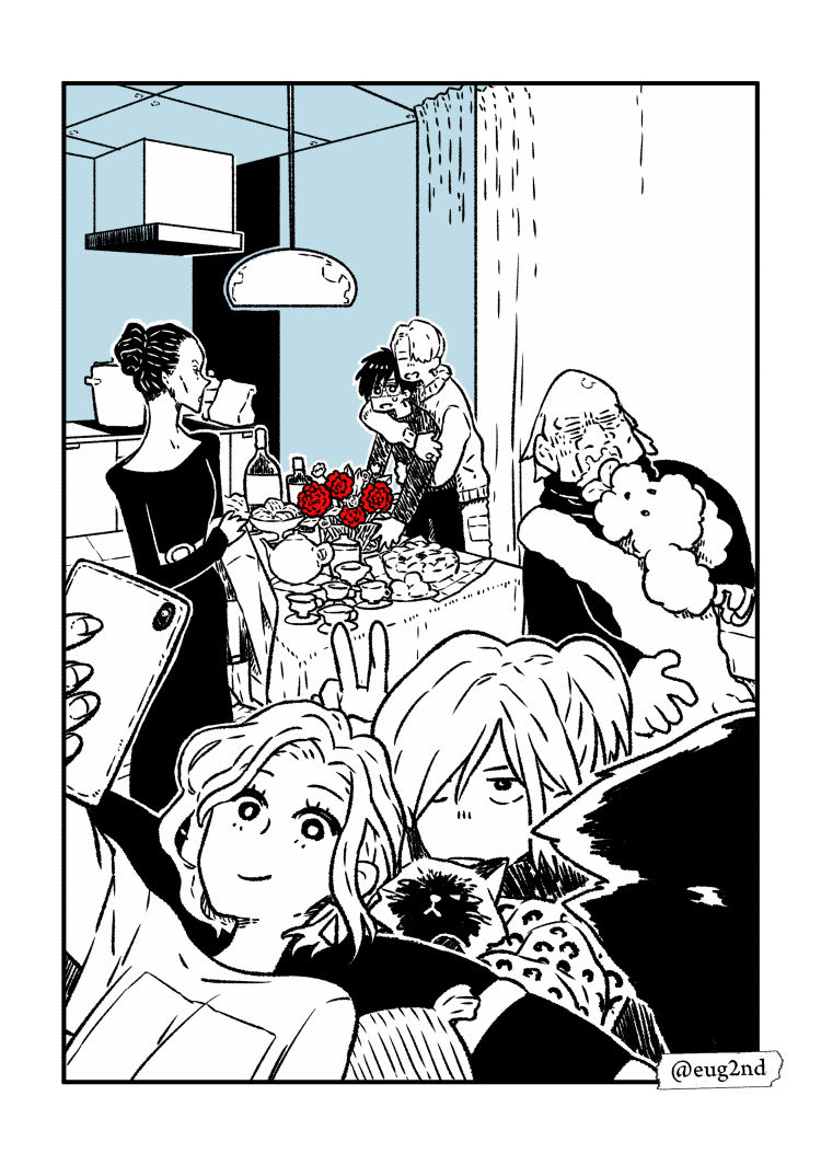 10s 2girls 4boys bottle cat cellphone cup dog dress eugenio2nd flower food glasses hair_bun hair_over_one_eye hug hug_from_behind katsuki_yuuri kitchen kitchen_hood licking licking_another&#039;s_face lilia_baranovskaya makkachin mila_babicheva monochrome multiple_boys multiple_girls open_mouth phone pie red_flower red_rose rose selfie single_hair_bun smartphone smile spot_color stove table teacup teapot tongue tongue_out v viktor_nikiforov yakov_feltsman yuri!!!_on_ice yuri_plisetsky