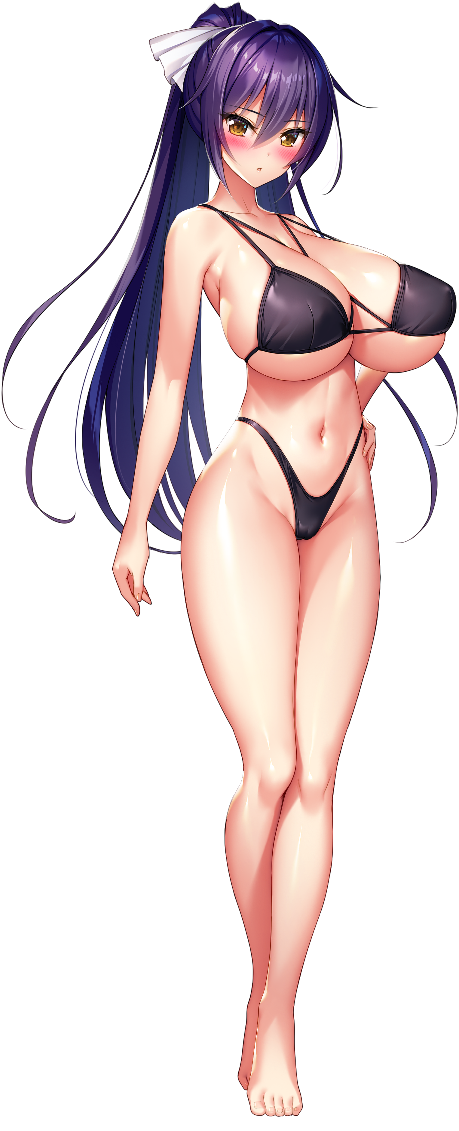 1girl absurdres barefoot bikini black_bikini blush breasts cleavage closed_mouth derauea dot_mouth full_body game_cg hair_ribbon hand_on_own_hip high_ponytail highres huge_breasts long_hair milk_factory minase_maya motto!_haramase!_honoo_no_oppai_chou_ero_appli_gakuen! navel non-web_source official_art ponytail purple_hair ribbon sidelocks skindentation solo sprite sprite_art standing swimsuit tachi-e thong_bikini transparent_background white_ribbon yellow_eyes