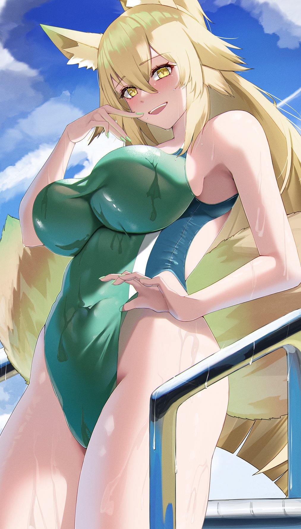 1girl :d animal_ear_fluff animal_ears bare_shoulders blonde_hair blue_sky blush breasts cloud commission competition_swimsuit covered_navel fox_ears fox_girl fox_tail hair_between_eyes hand_up highres katagiri_nanoka large_breasts long_hair looking_at_viewer multiple_tails one-piece_swimsuit open_mouth original outdoors second-party_source skeb_commission sky smile solo suirin_(tukikagerou) swimsuit tail teeth thighs upper_teeth_only wet yellow_eyes
