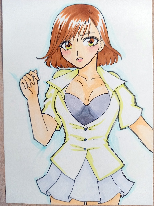 1girl auburn_hair blush breasts brown_hair cleavage collarbone grey_skirt hirano_miharu kwai_chi large_breasts looking_at_viewer namco open_clothes open_mouth open_shirt orange_eyes school_uniform shirt short_hair short_sleeves skirt standing tekken tekken_tag_tournament_2 white_background yellow_shirt