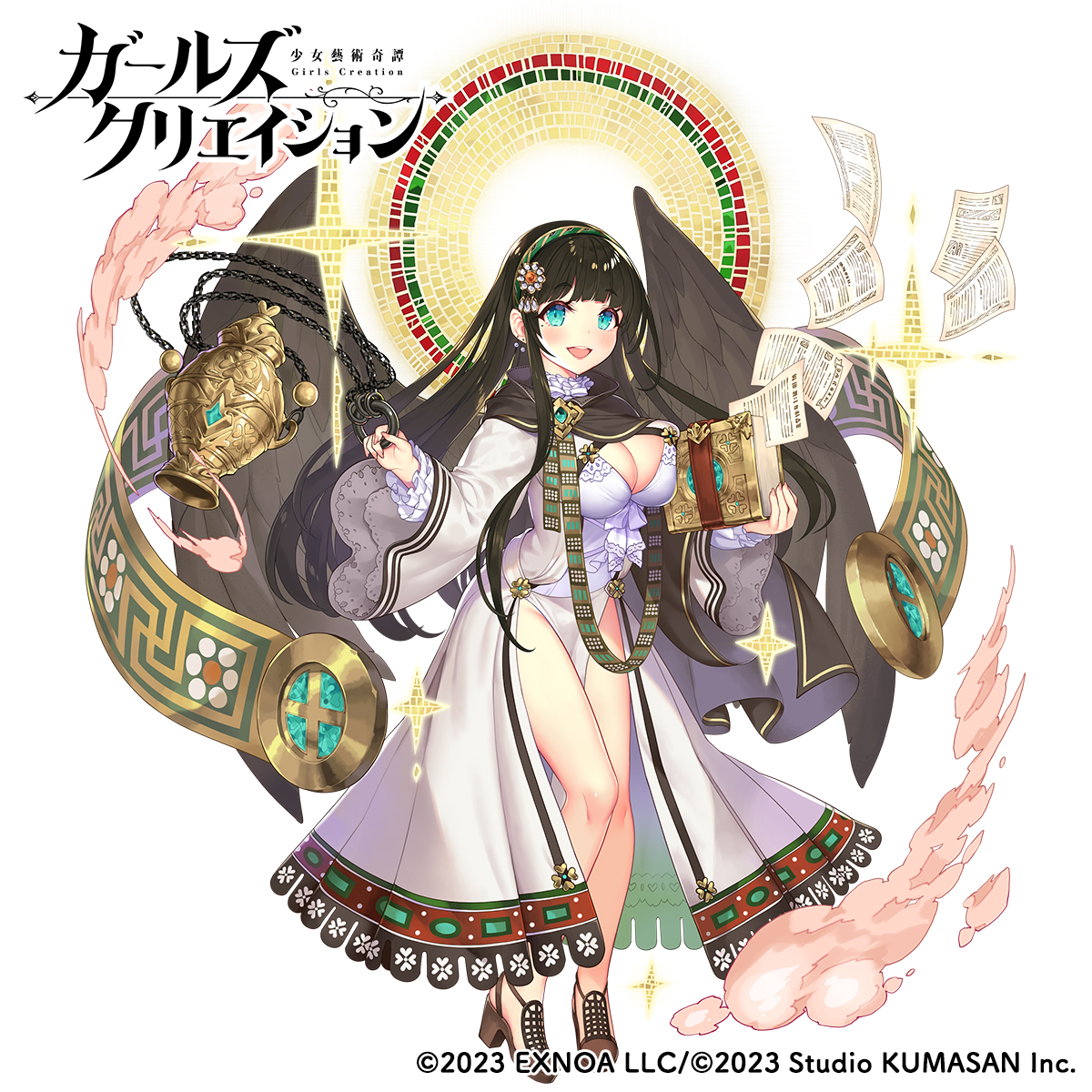 1girl black_hair blue_eyes blush book breasts cleavage cloud commentary_request dress earrings flower full_body girls_creation hair_flower hair_ornament headband highres jewelry kuro_chairo_no_neko large_breasts legs long_hair looking_at_viewer mianu_(girls_creation) official_art paper shoes simple_background solo white_background wings