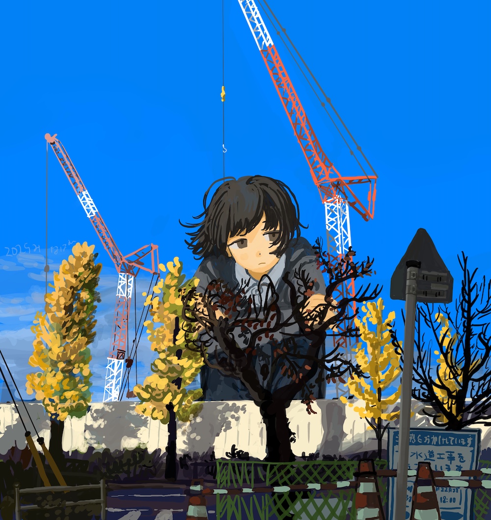1boy black_hair blue_sky closed_mouth crane_(machine) fence giant grey_sweater long_sleeves male_focus minahamu original outdoors road_sign short_hair sign sky solo sweater traffic_cone tree