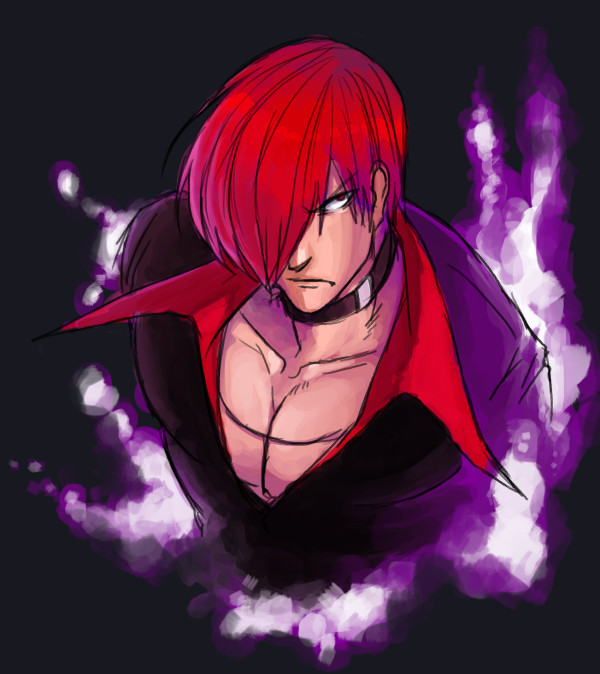 1boy choker fire food_fighter_441 hair_over_one_eye pectoral_cleavage male_focus pectorals purple_fire red_eyes red_hair short_hair snk solo the_king_of_fighters upper_body yagami_iori