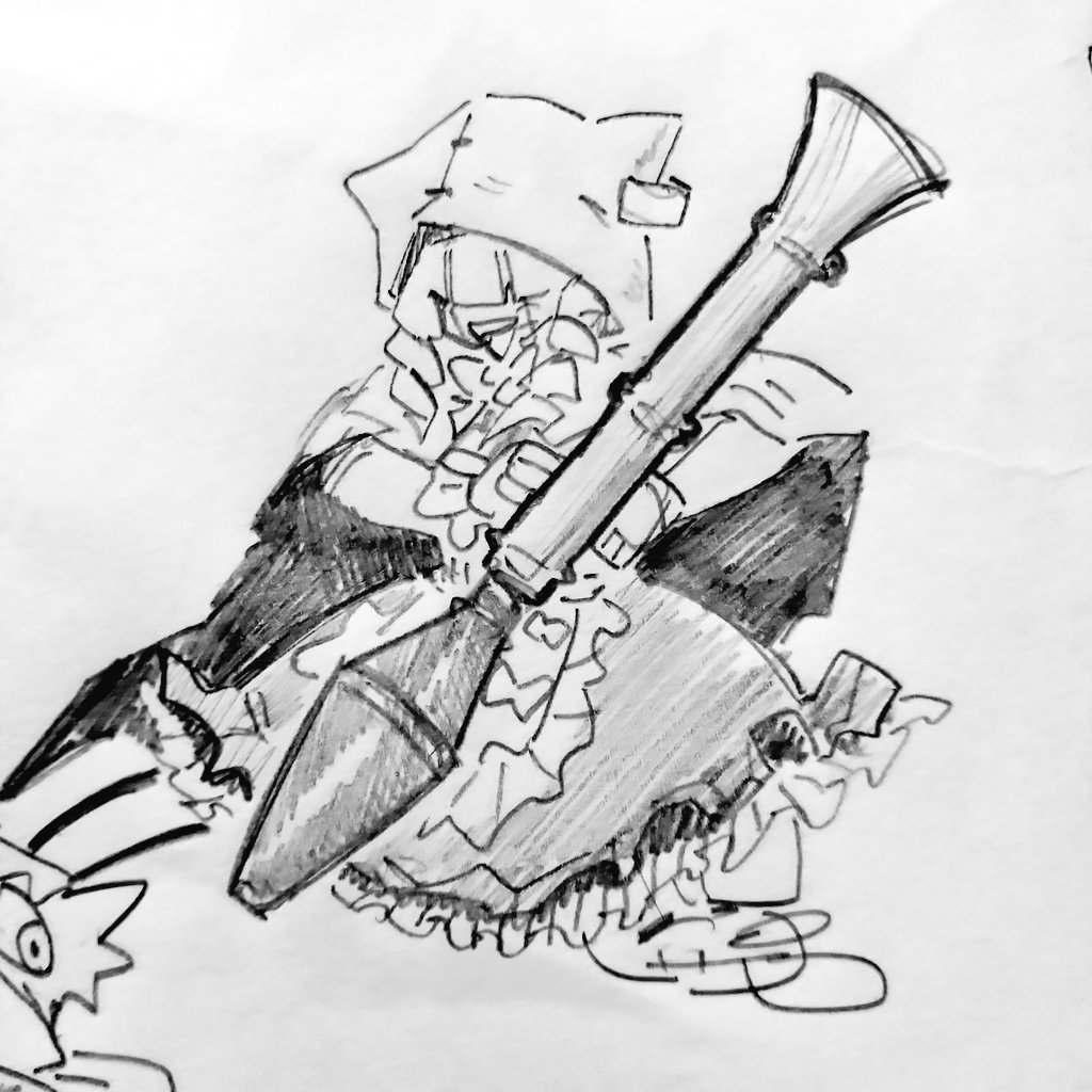 bazooka chaperomon covered_eyes digimon digimon_(creature) hood long_hair ribbon traditional_media weapon