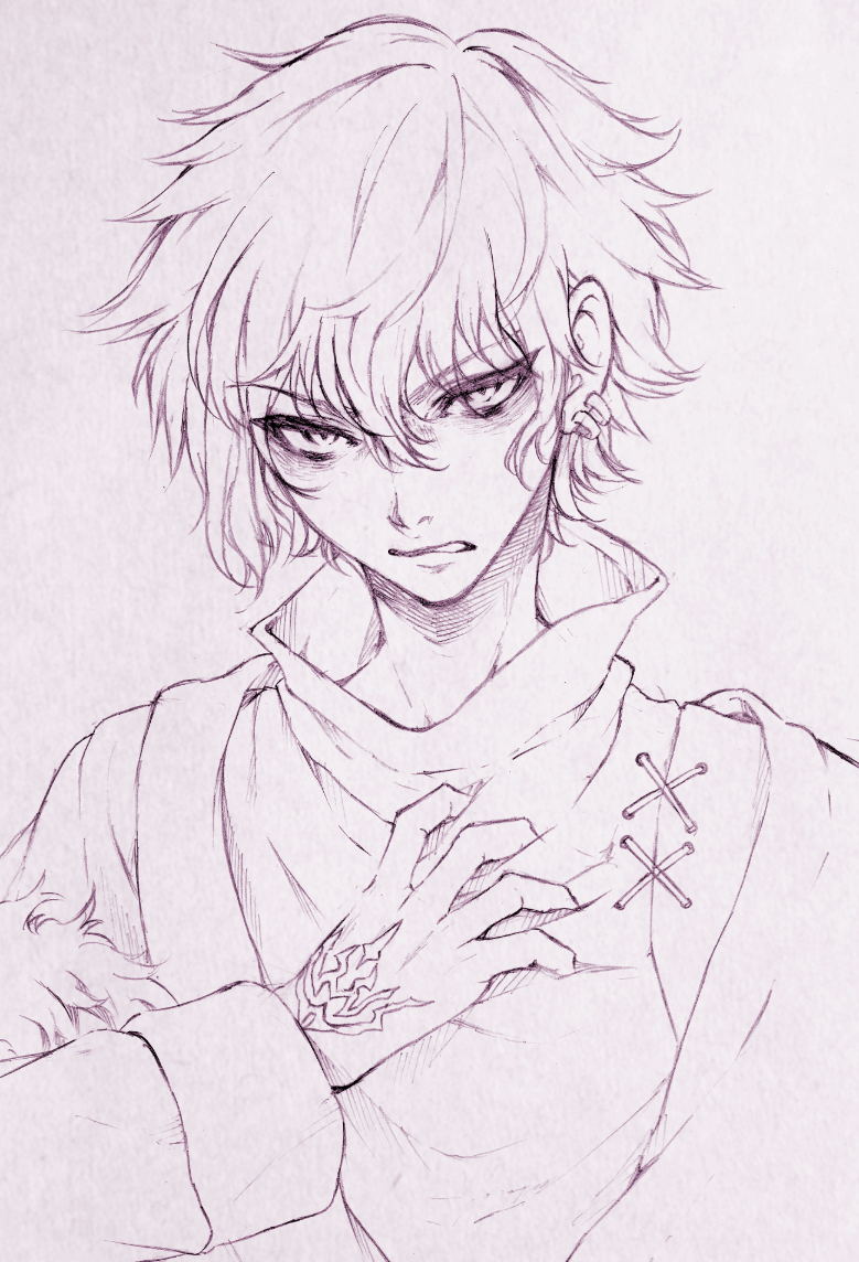 1boy command_spell fate/grand_order fate_(series) grimace hand_on_own_chest haruhito_(divineshalt) kadoc_zemlupus lineart looking_at_viewer male_focus monochrome solo traditional_media upper_body