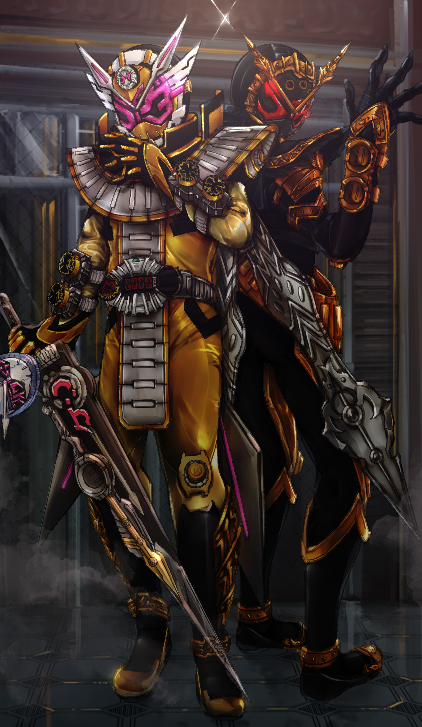 2boys absurdres alternate_costume armor back-to-back black_armor black_bodysuit black_footwear bodysuit boots clock_hands cowboy_shot future gold_trim head_wings highres kamen_rider kamen_rider_zi-o kamen_rider_zi-o_(series) kamen_rider_zi-o_ouma kamen_rider_zi-o_the_movie:over_quartzer katakana loincloth multiple_boys official_alternate_costume ouma_zi-o ouma_zi-o_rider_watch pink_eyes red_eyes rider_watch saikyo_zikan_girade shoulder_armor starkero sword tokusatsu trait_connection weapon wings ziku_driver