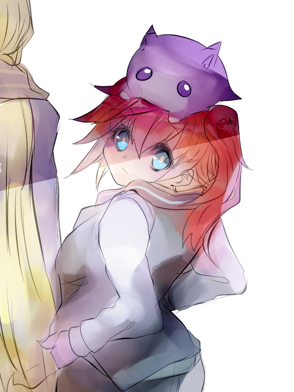 2girls aiba_ami blue_eyes digimon digimon_story:_cyber_sleuth dorimon kuremi_kyouko long_hair looking_at_viewer multiple_girls red_hair sidetail