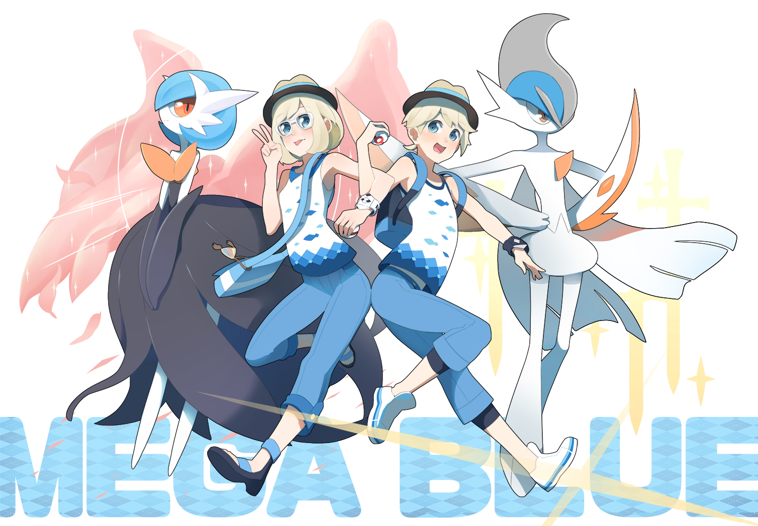 1boy 1girl alternate_color arm_blade backpack bag black_dress black_gloves blonde_hair blue_eyes blue_pants brown_hat cape dress elbow_gloves elio_(pokemon) gallade gardevoir gen_3_pokemon gen_4_pokemon glasses gloves hat mega_gallade mega_gardevoir mega_pokemon mubo nintendo open_mouth orange_eyes pants pokemon pokemon_(creature) pokemon_sm selene_(pokemon) shiny_pokemon shoulder_bag smile tongue tongue_out weapon white_cape