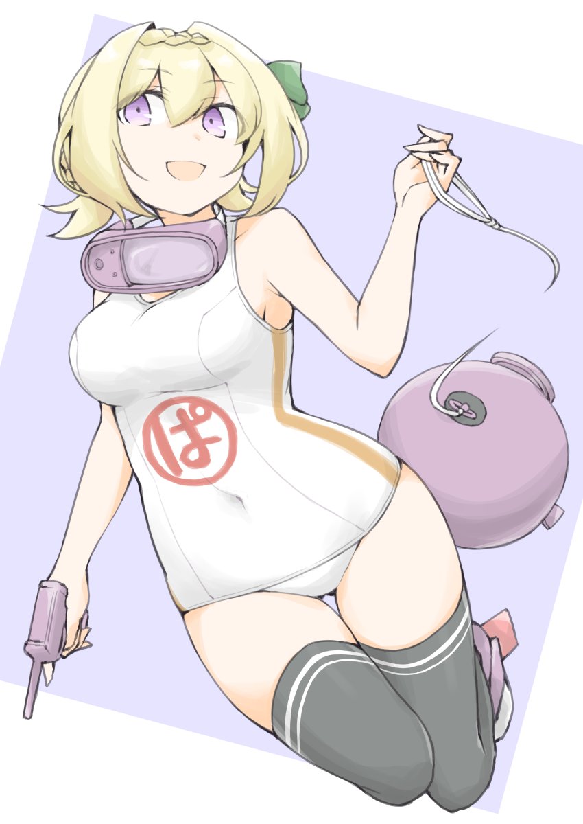 1girl akara_kai black_thighhighs blonde_hair blush braid braided_bangs braided_bun breasts cosplay diving_mask fp-45_liberator goggles goggles_around_neck gun hair_between_eyes hair_bun handgun highres kantai_collection large_breasts long_hair maru-yu_(kancolle) maru-yu_(kancolle)_(cosplay) one-piece_swimsuit open_mouth perth_(kancolle) purple_eyes school_swimsuit smile solo swimsuit thighhighs weapon white_one-piece_swimsuit