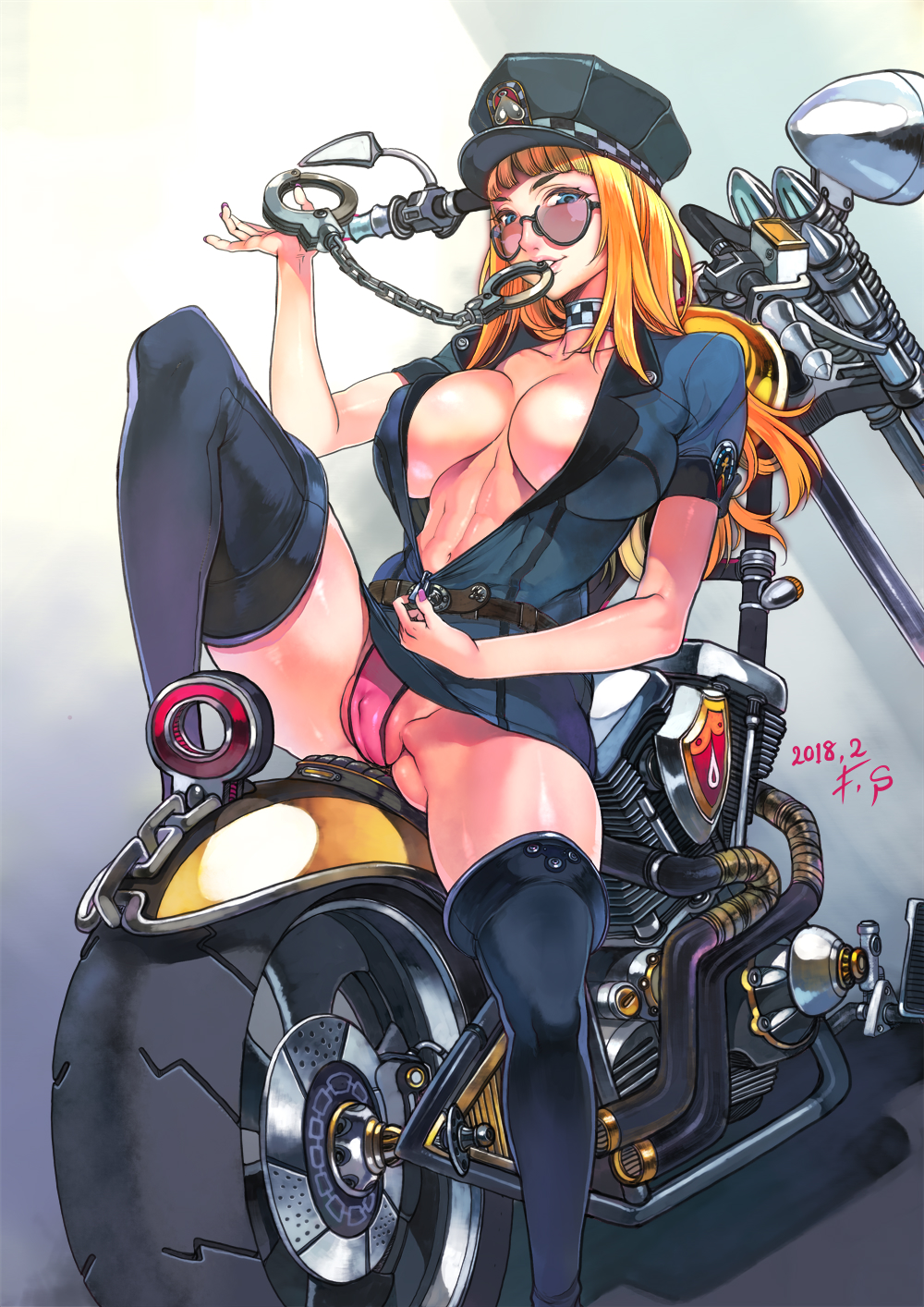 1girl 2018 abs bad_id bad_pixiv_id belt blonde_hair blue_eyes boots breasts cameltoe choker collarbone come_hither covered_erect_nipples cuffs dated f.s. female_focus glasses handcuffs highres large_breasts long_hair motor_vehicle motorcycle mouth_hold navel no_bra original police police_uniform policewoman sitting solo spread_legs sunglasses thigh_boots thighhighs thighs undressing unzipped