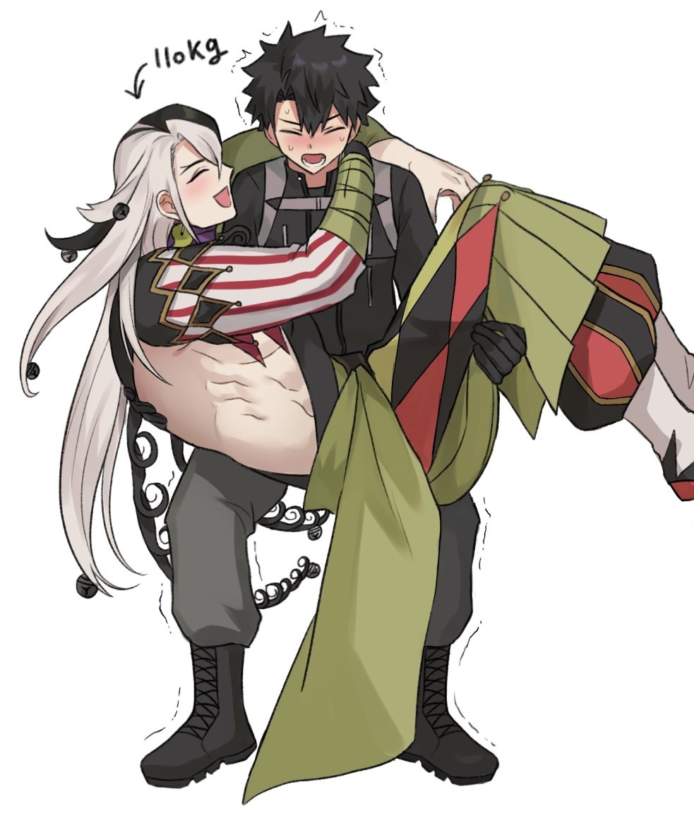 2boys arrow_(symbol) ashiya_douman_(fate) asymmetrical_hair bell black_footwear black_gloves black_hair black_shirt blush boots carrying carrying_person closed_eyes combat_boots curly_hair dressing earrings fate/grand_order fate_(series) feet_out_of_frame fujimaru_ritsuka_(male) gloves green_bandages green_kimono grey_pants hair_bell hair_between_eyes hair_ornament harness height_difference high_collar japanese_clothes jewelry kimono knees_bent large_pectorals long_hair long_sleeves magatama magatama_earrings male_focus multicolored_hair multiple_boys muscular muscular_male open_mouth pants pectorals princess_carry seum_(kao_husband) shirt short_hair simple_background smile split-color_hair standing struggling sweatdrop tight_clothes two-tone_hair very_long_hair weight white_background white_hair yaoi