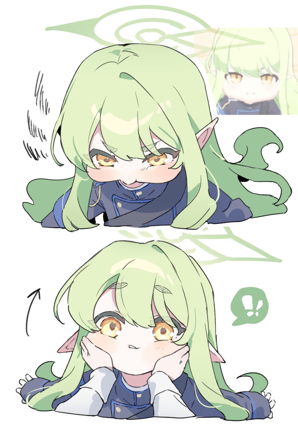 ! 1girl 1other angry arrow_(symbol) black_jacket blue_archive commentary frown glaring green_hair green_halo halo hands_on_another&#039;s_cheeks hands_on_another&#039;s_face highres hikari_(blue_archive) jacket long_hair long_sleeves looking_at_viewer meme meme_request meunhongcha pointy_ears puffy_cheeks simple_background sleeves_past_wrists spoken_exclamation_mark squiggle white_background white_dog yellow_eyes yurie_mouth