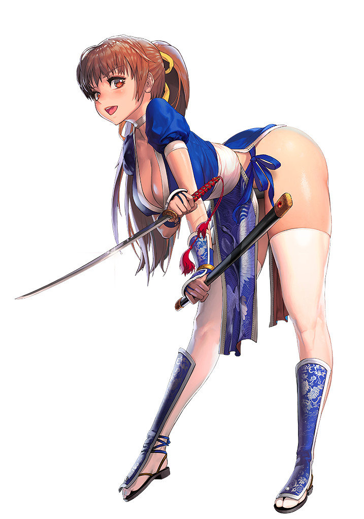 1girl :d arm_guards bent_over blush breasts brown_eyes brown_hair choker cleavage crossover dead_or_alive dead_or_alive_xtreme destiny_child holding holding_sheath holding_sword holding_weapon kasumi_(doa) kim_hyung_tae koei_tecmo large_breasts leaning_forward legs_apart long_hair looking_at_viewer ninja official_art open_mouth panties pelvic_curtain ponytail ribbon sheath shin_guards side-tie_panties slippers smile solo standing sword team_ninja thighhighs thighs underwear weapon white_background white_thighhighs yellow_ribbon