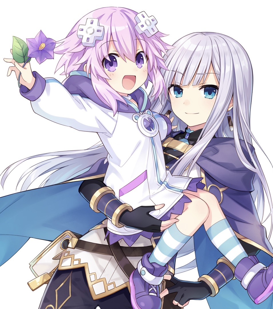 2girls aged_down baby blue_eyes brave_neptune child chrom_(neptunia) d-pad d-pad_hair_ornament drawstring earrings female_focus flower grey_hair hair_ornament hood hooded_jacket hoodie jacket jewelry long_hair magiquone mother_and_daughter multiple_girls neptune_(neptunia) neptune_(series) official_art purple_eyes purple_hair short_hair socks striped_clothes striped_legwear striped_socks tsunako usb very_long_sleeves