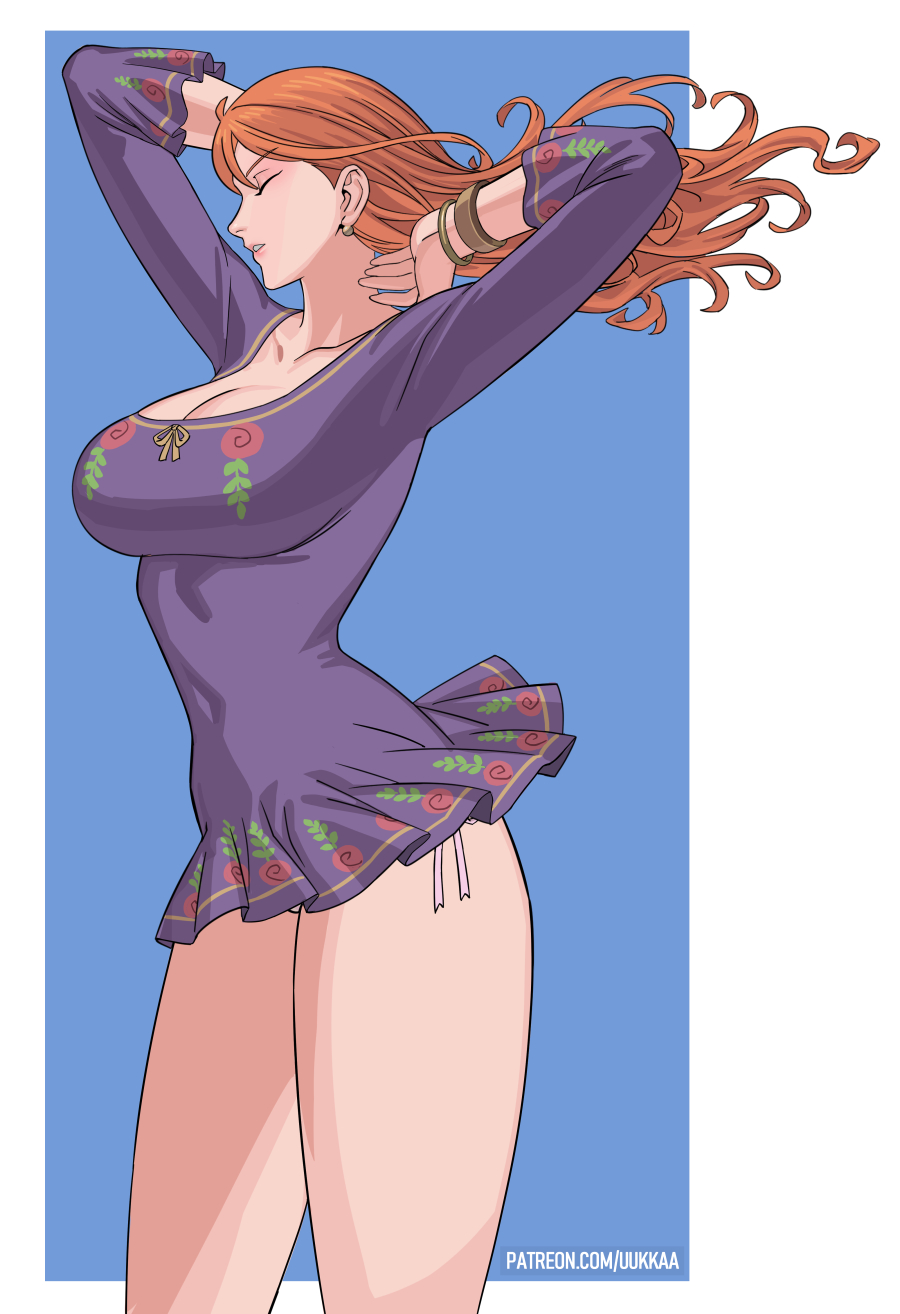 1girl arm_behind_head arms_up bangle blue_background border bracelet breasts cleavage closed_eyes collarbone commentary covered_navel dress earrings english_commentary feet_out_of_frame floating_hair frilled_dress frills gold_earrings hair_behind_ear highres jewelry large_breasts lips log_pose long_hair long_sleeves nami_(one_piece) nami_(one_piece)_(wano) narrow_waist official_alternate_costume one_piece orange_hair outside_border paid_reward_available panties parted_lips patreon_username pearl_earrings print_dress profile purple_dress short_dress side-tie_panties side-tie_peek solo standing thighs underwear uukkaa wavy_hair white_border wind